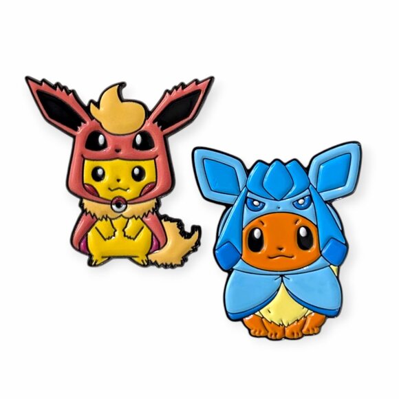 Pokemon Enamel Fantasy Pins: Pikachu and Eevee in Flareon and Glaceon Poncho